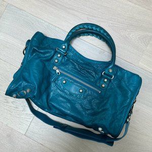 Balenciaga City Bag in teal with silver hardware